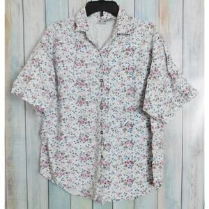 Woman Shirt Large White Pink Blue Flowers Short Sleeves Button Down Vintage
